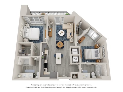Floor plan for 2 beds, 2 baths, 1049 sqft